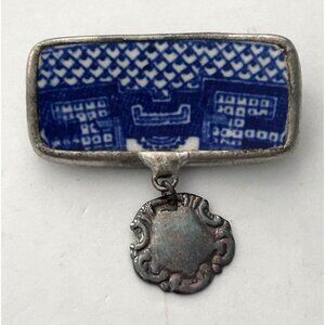 Vintage Broken Blue Porcelain Brooch Pin Dangling Charm